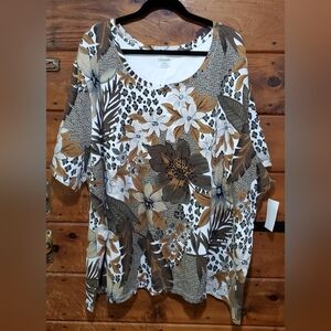 Women's Floral Print Top - Brown and White